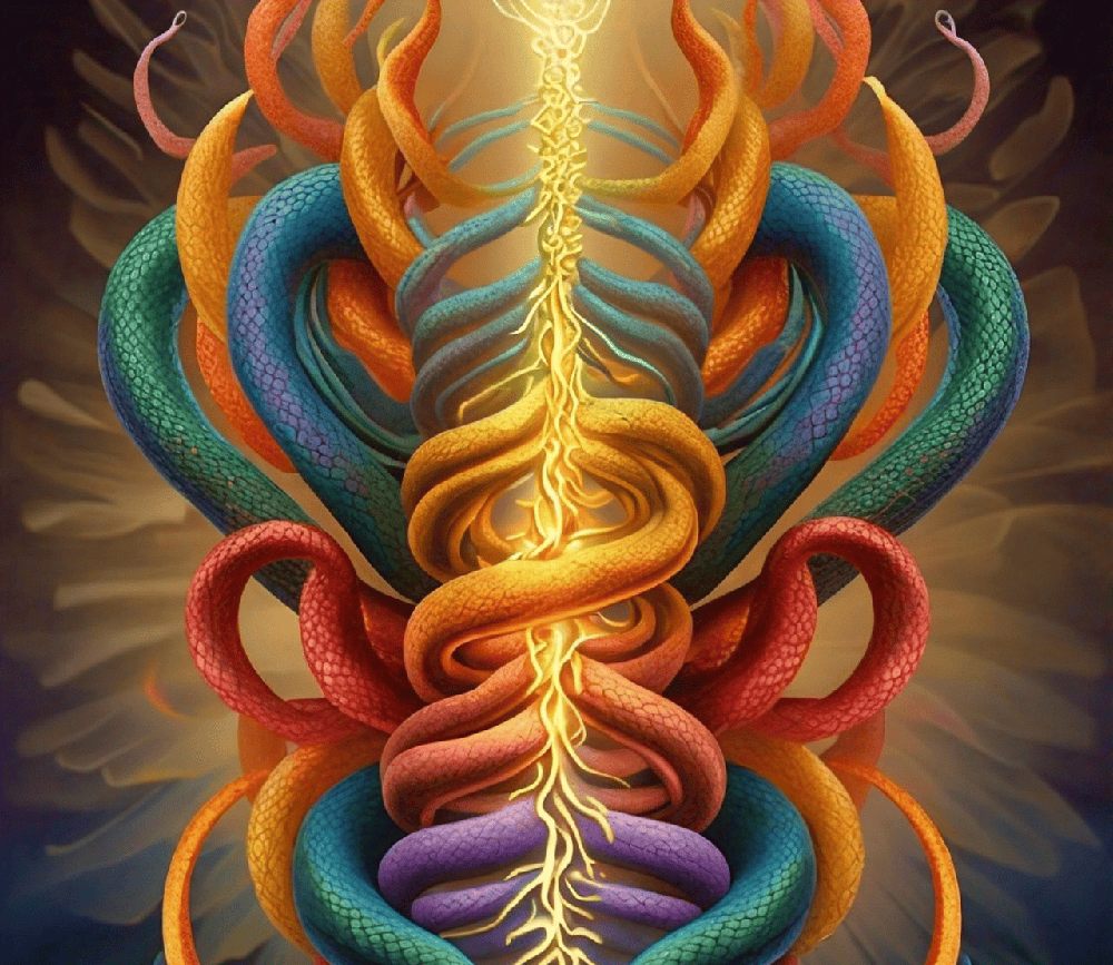 An artistic representation of Kundalini energy rising through the chakras, symbolizing spiritual awakening